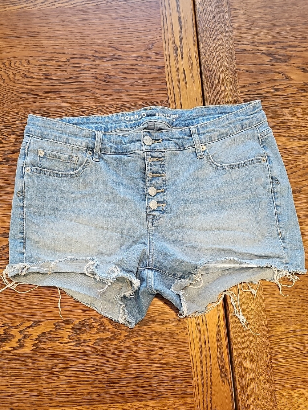 torrid light blue distressed button-fly denim shorts